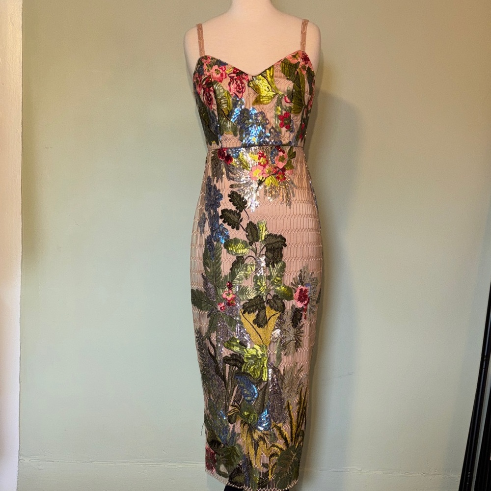 Boston Proper bold  Floral Sequin mesh midi  Dress Sz 6 - Picture 5 of 16